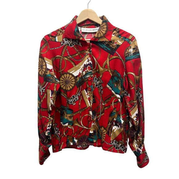 Chause Petite Vintage 90's Red and Gold Equestrian Print Silk Blend Button Down - Picture 2 of 6
